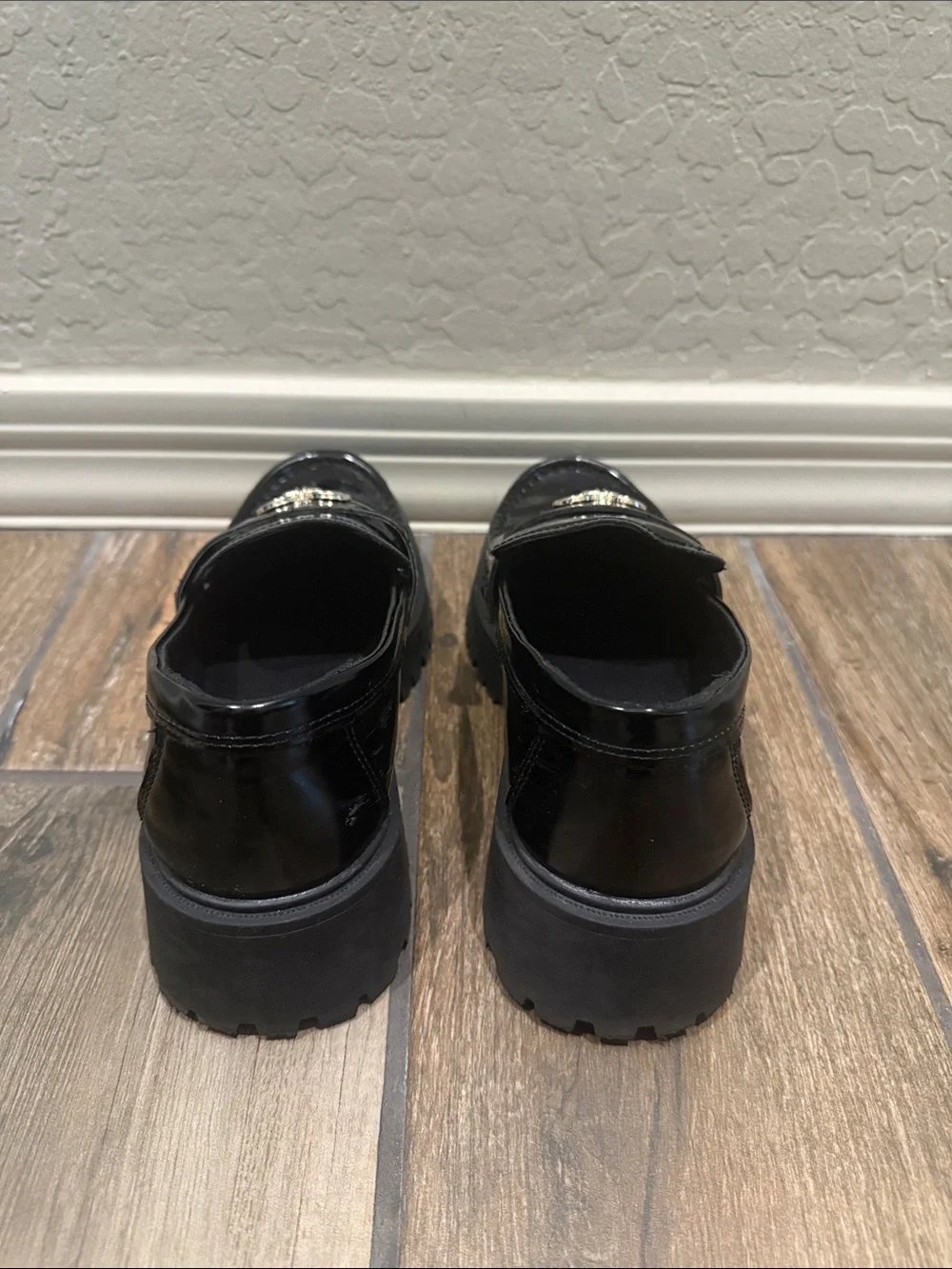 Kids Black Patent Loafers with Gold Accent